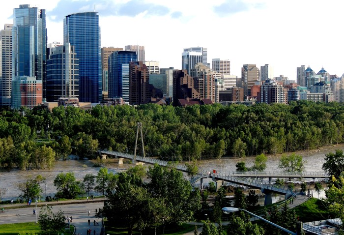 The Bow River, what is left Prince's Island Park looking south towards downtown